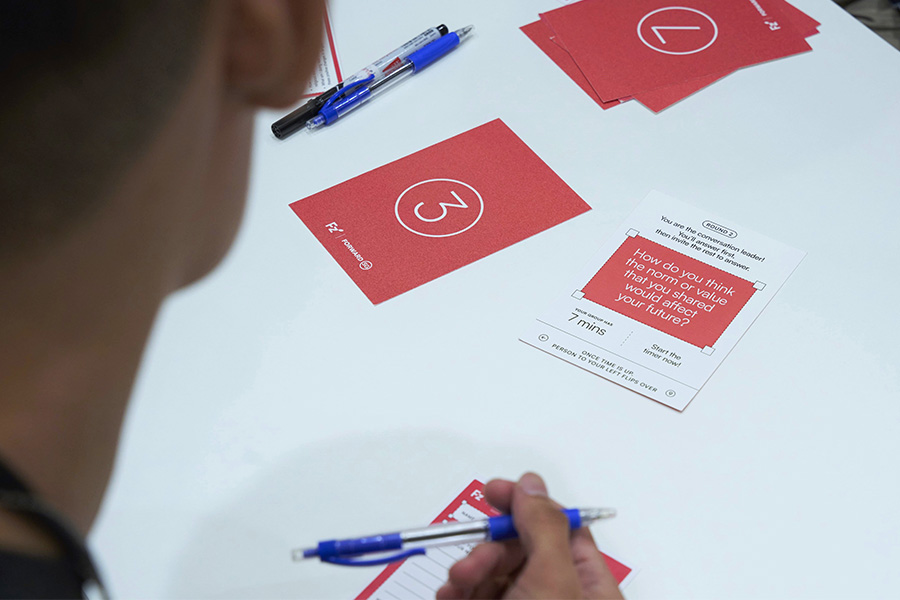 Participants using the conversation cards to guide their conversations.