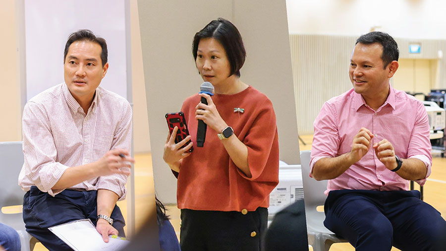 Senior Minister of State Mr Tan Kiat How, Minister of State Ms Gan Siow Huang, and Senior Minister of State Mr Zaqy Mohamad in a dialogue with the RP students. Credit: MCI / Tan Chin Fan