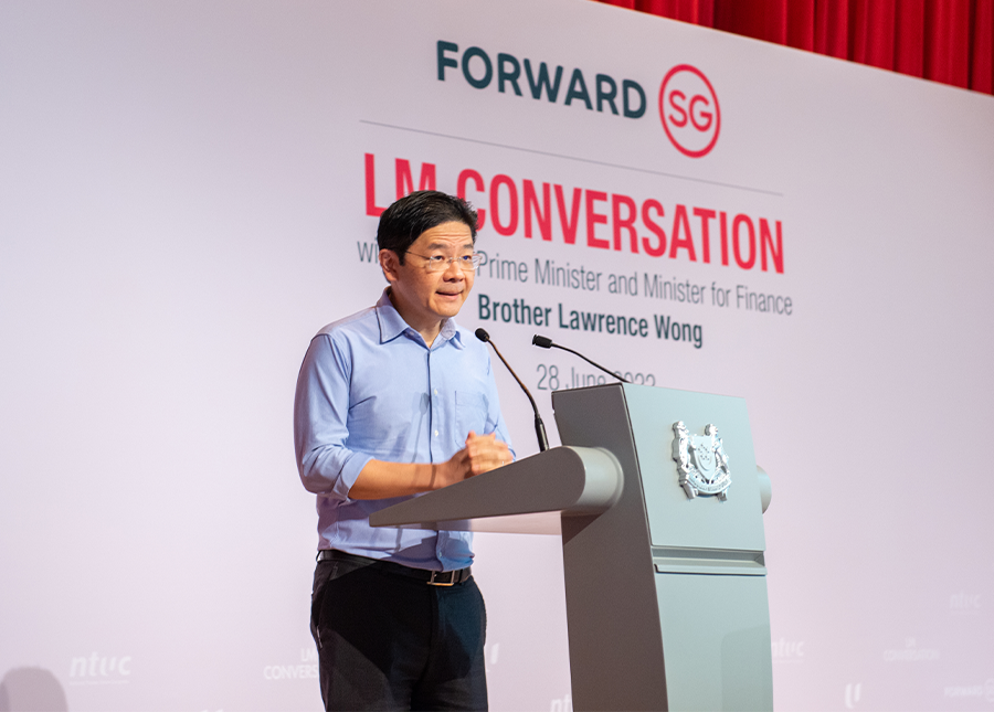 DPM Lawrence Wong giving his opening speech on Forward Singapore at NTUC’s Labour Movement Conversation.