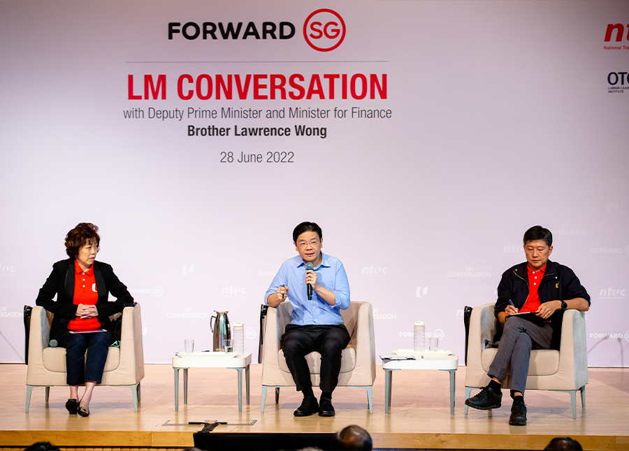 Fireside Chat between DPM Lawrence Wong, NTUC President Mary Liew, NTUC Sec-Gen Ng Chee Meng and event attendees.