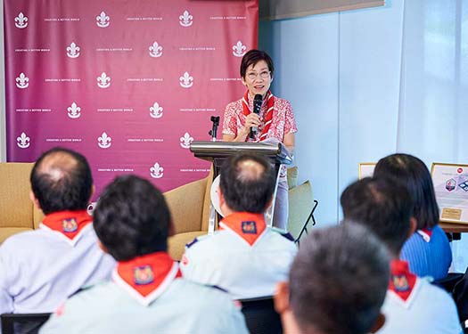 Minister Grace Fu speaking to members of the Singapore Scouts Association at their Diamond Jubilee Launch on 14 Jan.