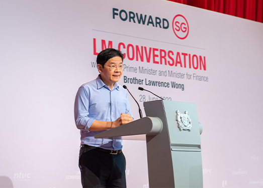 DPM Lawrence Wong giving his opening speech on Forward Singapore at NTUC’s Labour Movement Conversation.