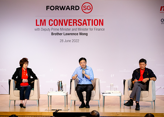 Fireside Chat between DPM Lawrence Wong, NTUC President Mary Liew, NTUC Sec-Gen Ng Chee Meng and event attendees.