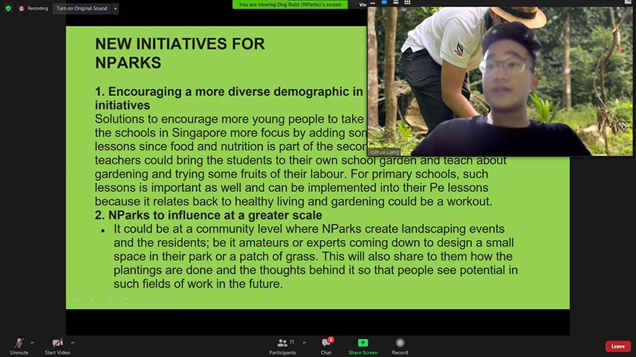 Joshua suggesting new initiatives for NParks